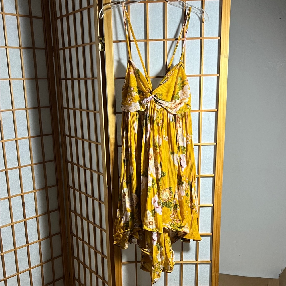 Free People L large  Floral Yellow Dress with Spaghetti Straps